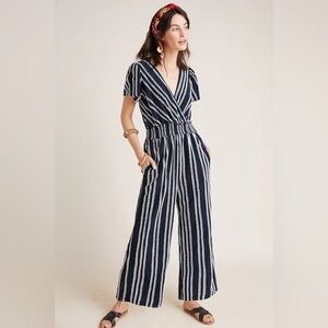 Anthropologie Navy and White Striped Jumpsuit